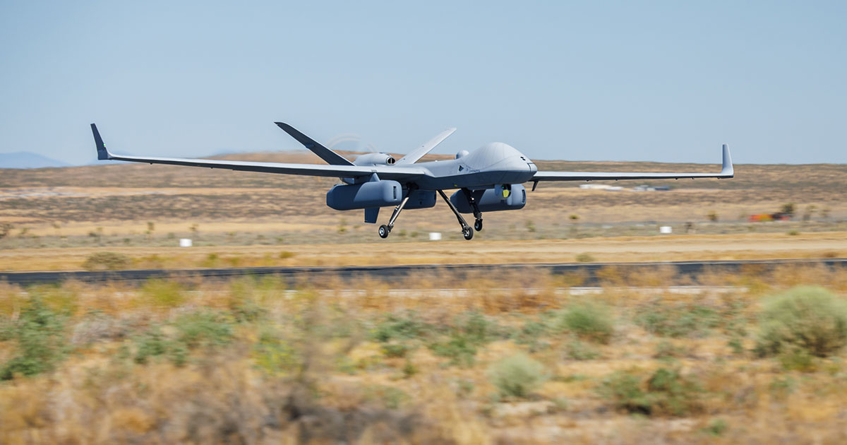 MQ-9B SkyGuardian integrated with AEW pods taking off for first flight test