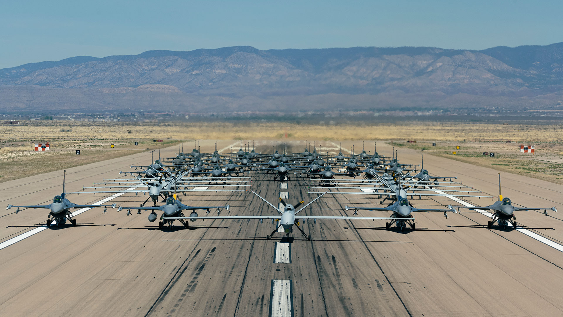 F-16s and MQ-9s assigned to the 49th Wing lined the runway at Holloman AFB, creating an incredible display of airpower. USAF photo by Senior Airman Antonia Salfran