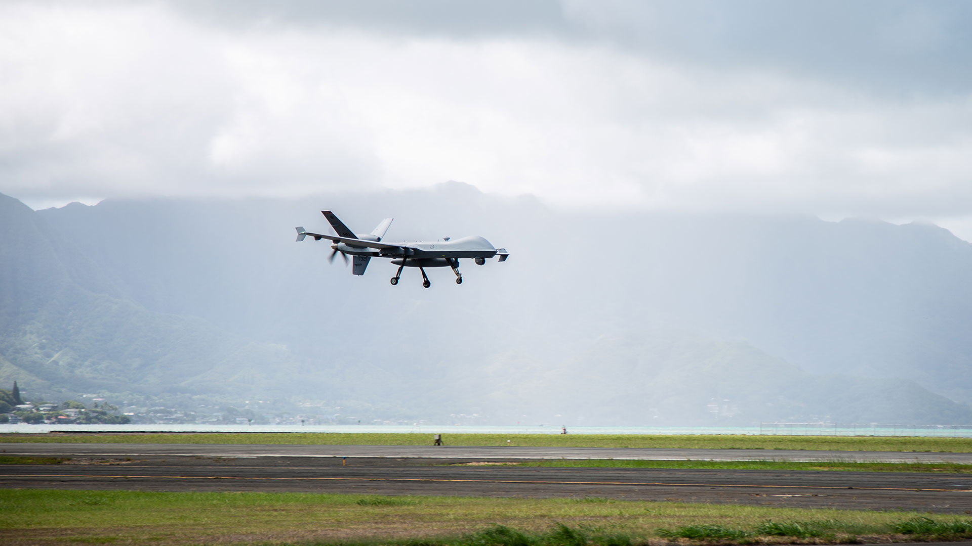 A U.S. Marine Corps MQ-9A lands at Marine Corps Base Hawaii. Photo: Sgt. Branden J. Bourque