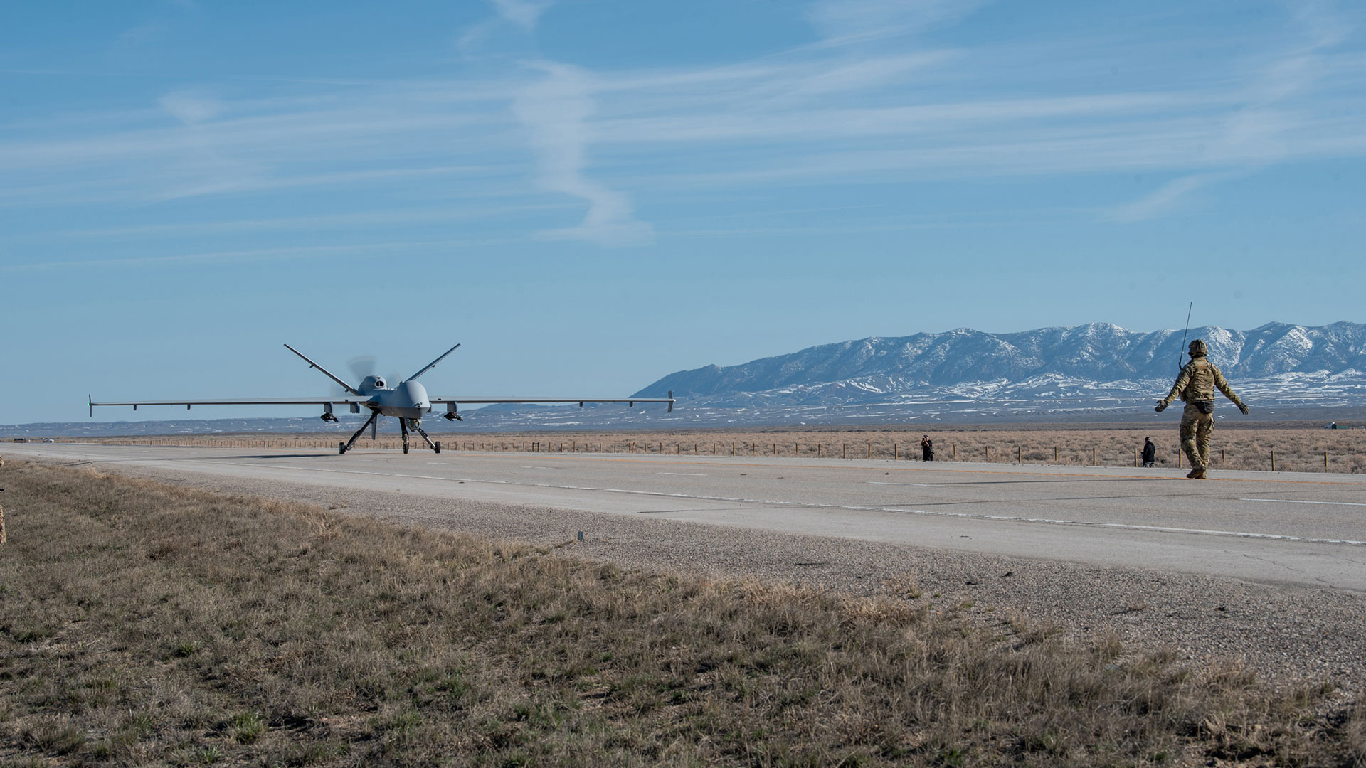 An MQ-9 Reaper lands on Highway 287 in Wyoming during Exercise Agile Chariot in April 2023. Photo: Philip Speck